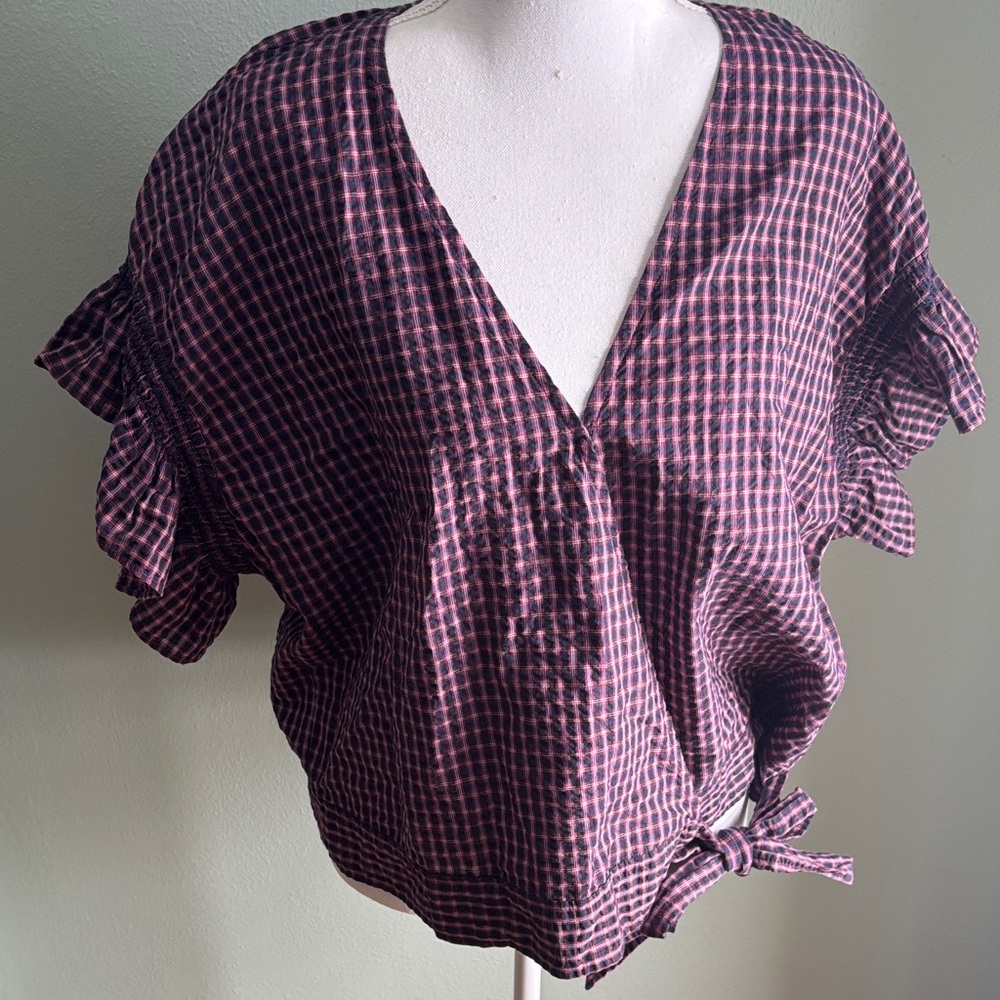 Madewell Pink and Black Checkered Blouse